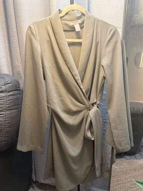 H&M Olive Green Long Sleeve Wrap Dress with Tie Waist